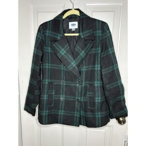 Old Navy Women's M Wool Peacoat Green Black Plaid Mid Length Classic Preppy